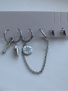 White Gold Plated Earring Set Hoop & Stud Stack Chain Dangle Star Spike Earrings